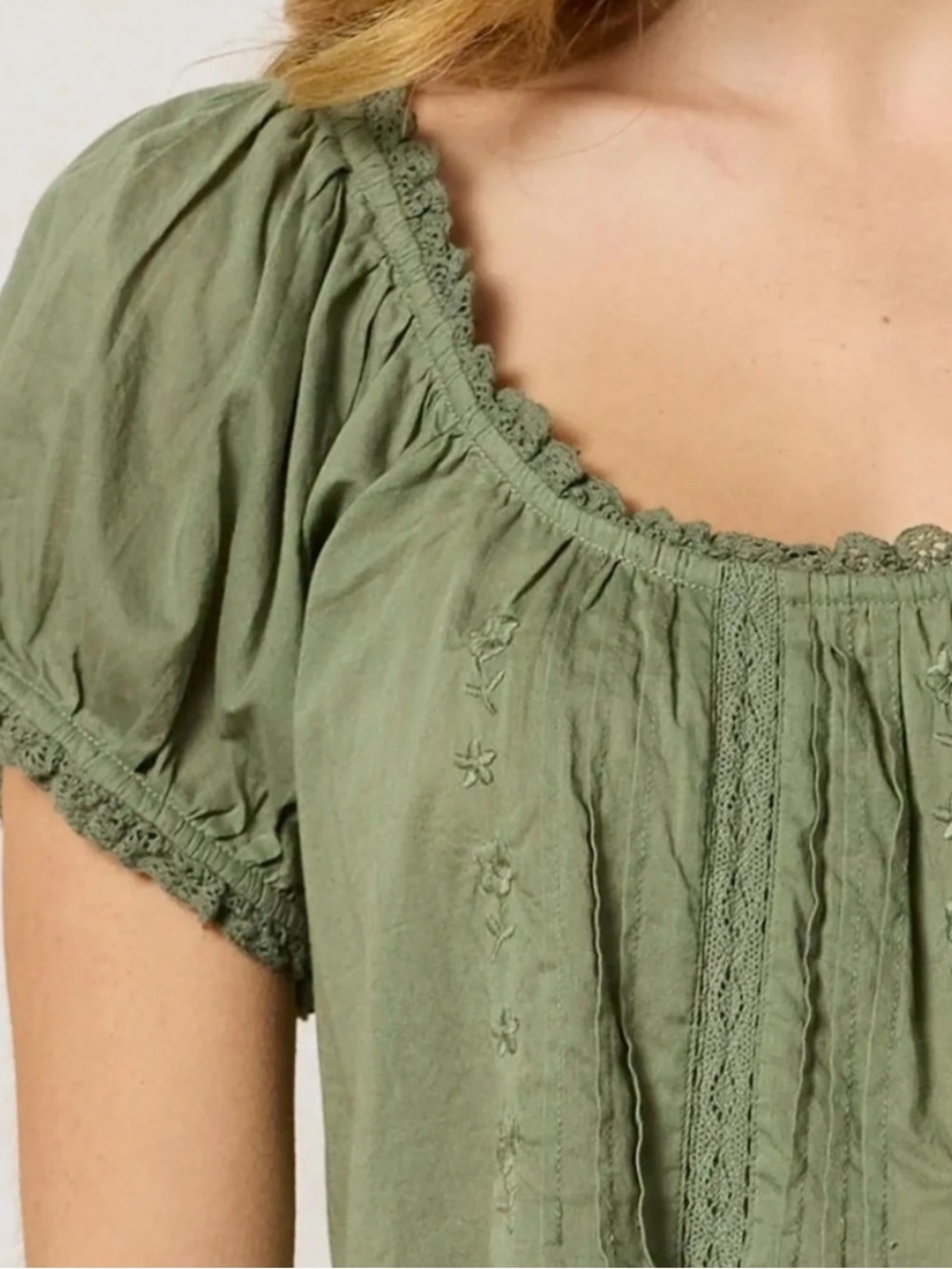 NATURAL LIFE Sweet Nothings Olive Green Short Sleeves Embroidered Cotton Top S - Picture 4 of 12